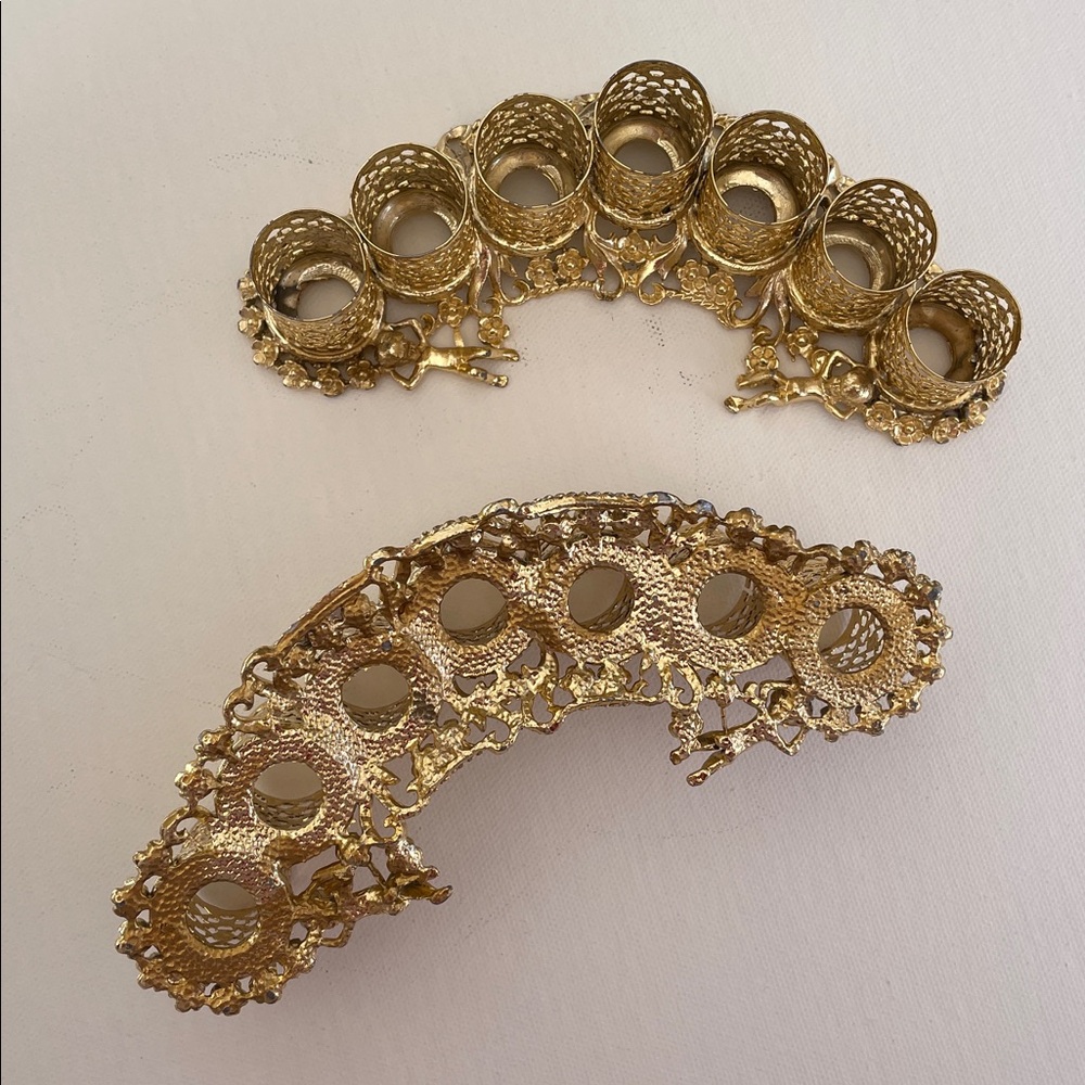 Vintage Gold Brass Filigree Cherubs Lipstick Vanity Makeup Set Holder - Picture 6 of 9